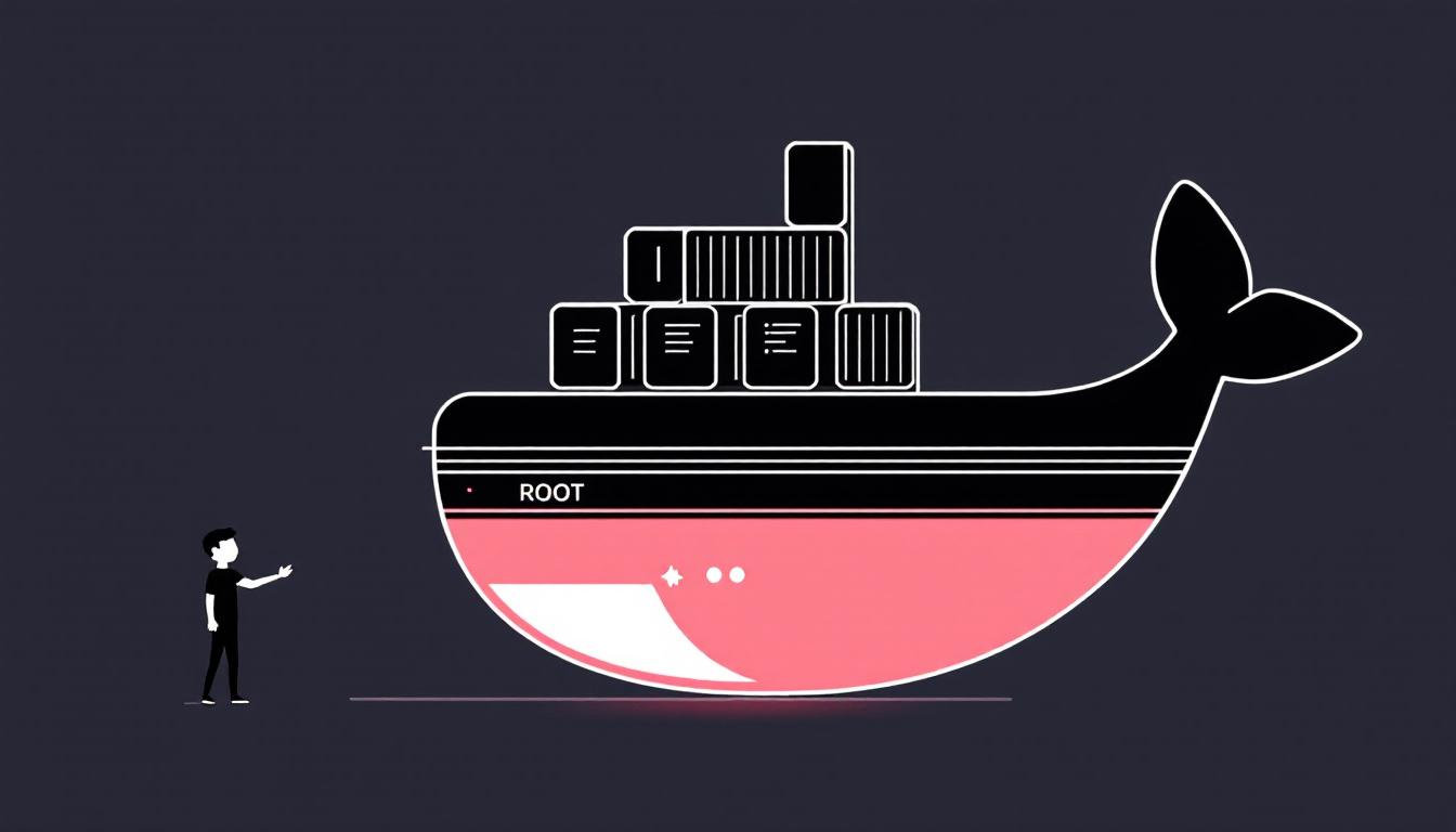 Illustrated cross-section of a Docker whale built from stacked file system layers, with red root-owned layers at the bottom and a small user icon locked outside