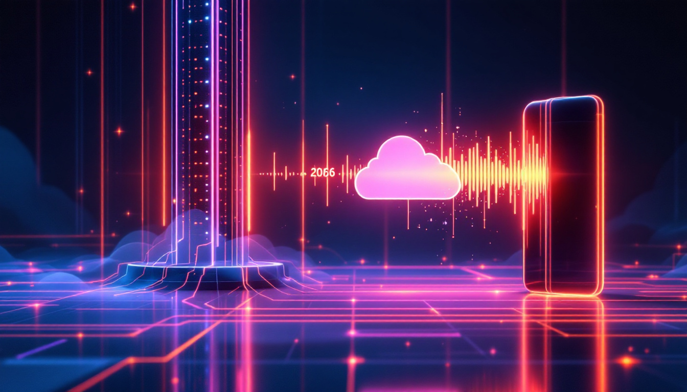 A glowing neon server tower on the left streaming an orange audio waveform across a dark circuit-board floor toward a smartphone on the right, with a bright pink cloud icon interrupting the waveform in the middle
