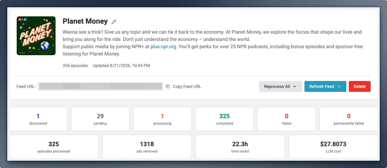 MinusPod feed stats for Planet Money: 325 episodes processed, 1,318 ads removed, 22.3 hours saved