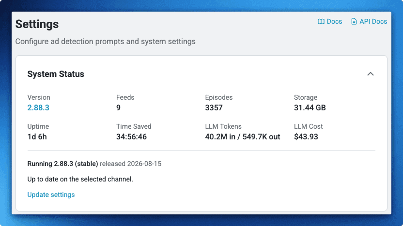 MinusPod system status showing 9 feeds, 3,357 episodes, and 34 hours of ads removed
