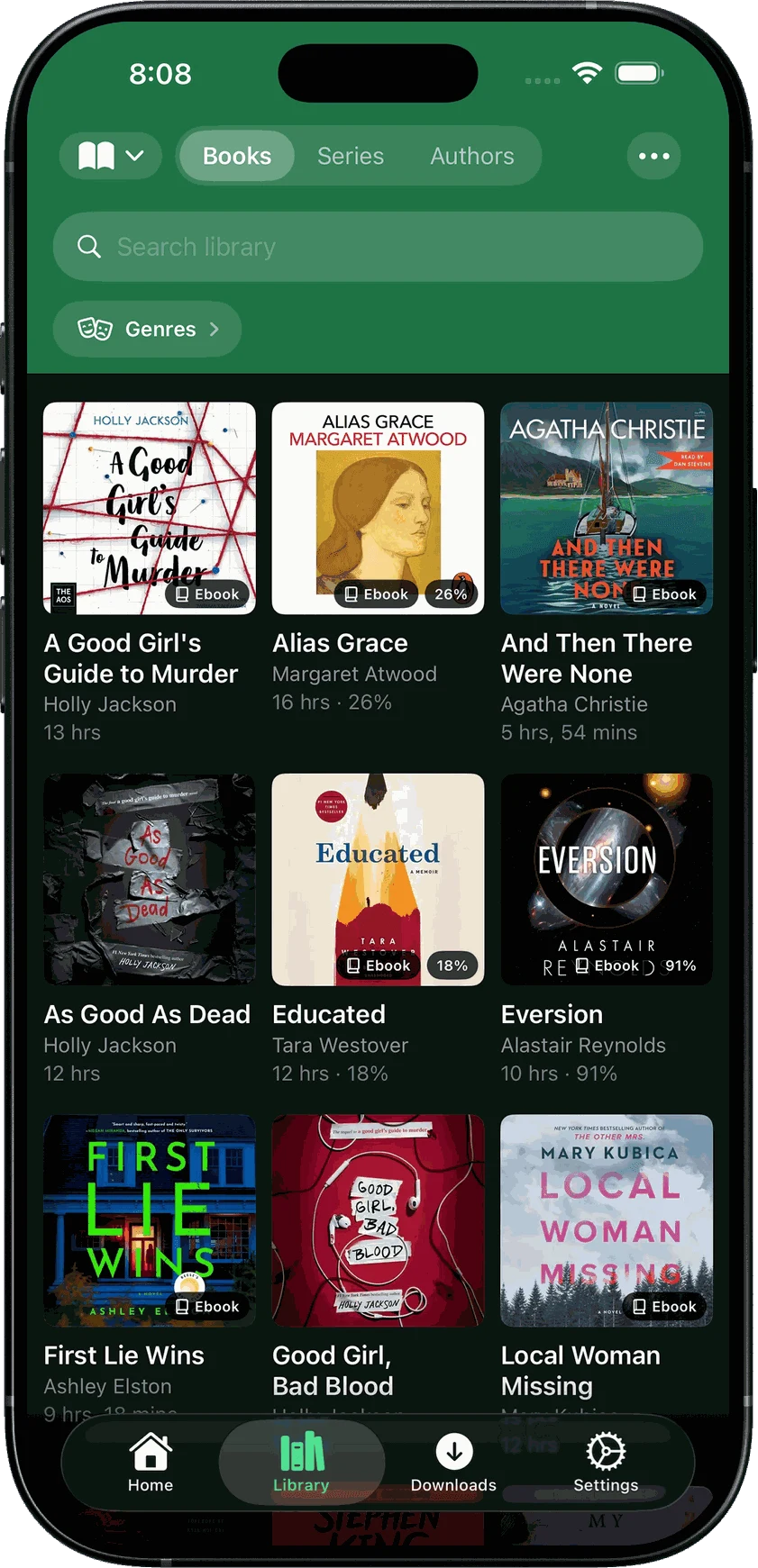 A populated SoundLeaf library in the Evergreen theme