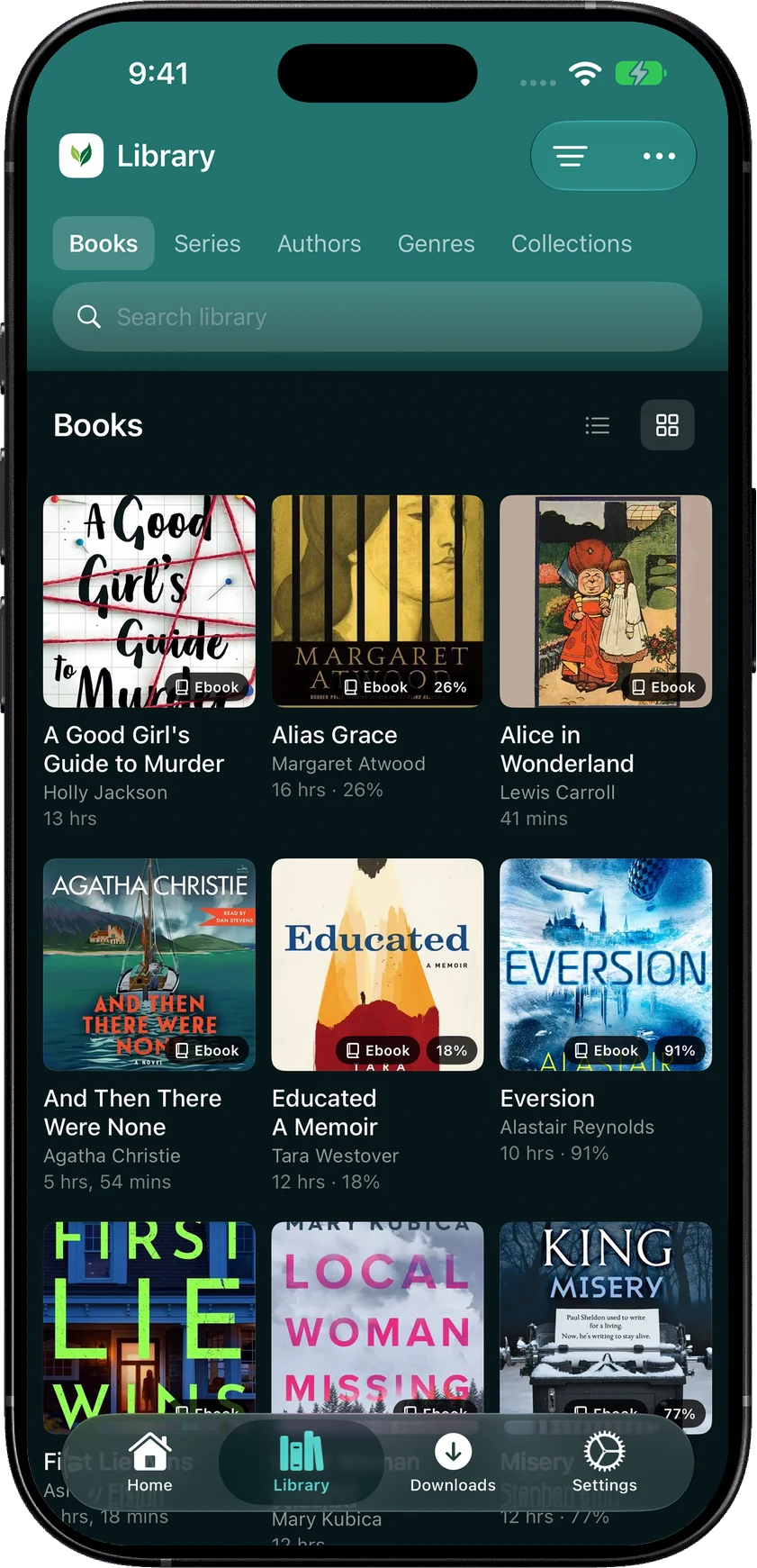 A full three-column audiobook grid in Lagoon, with illustrated covers and reading progress