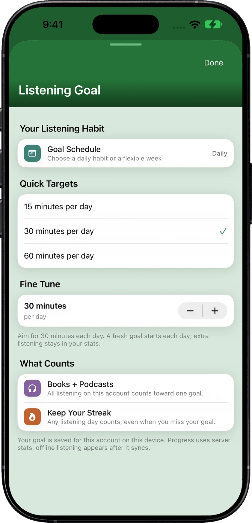 Daily and weekly listening goal settings in SoundLeaf 2.4