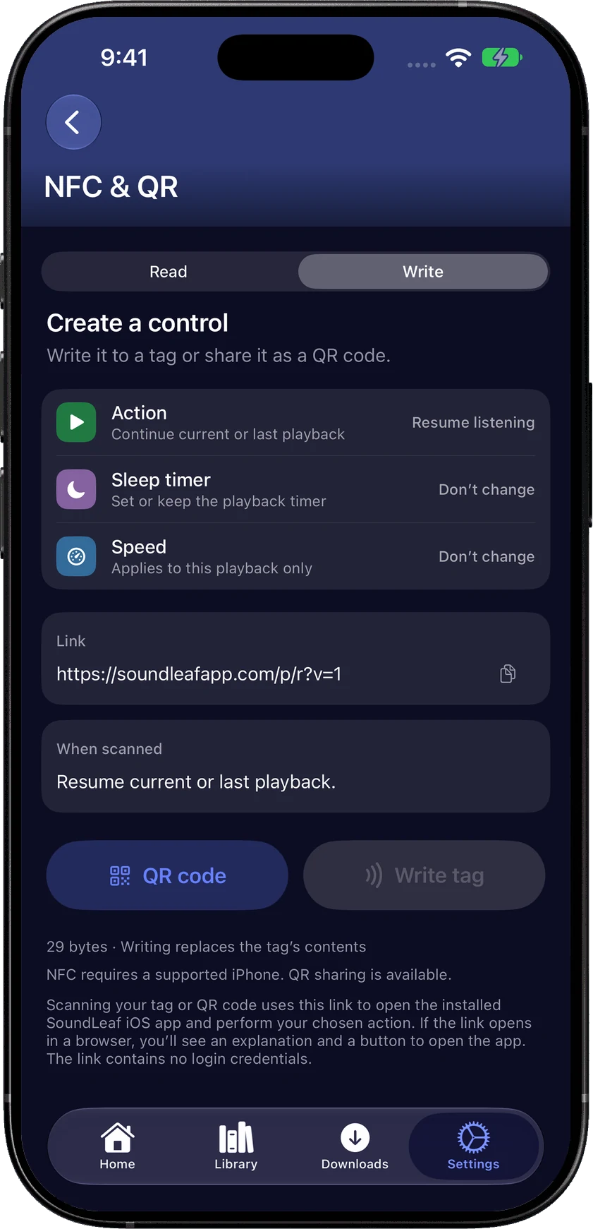 SoundLeaf's NFC and QR screen with playback actions