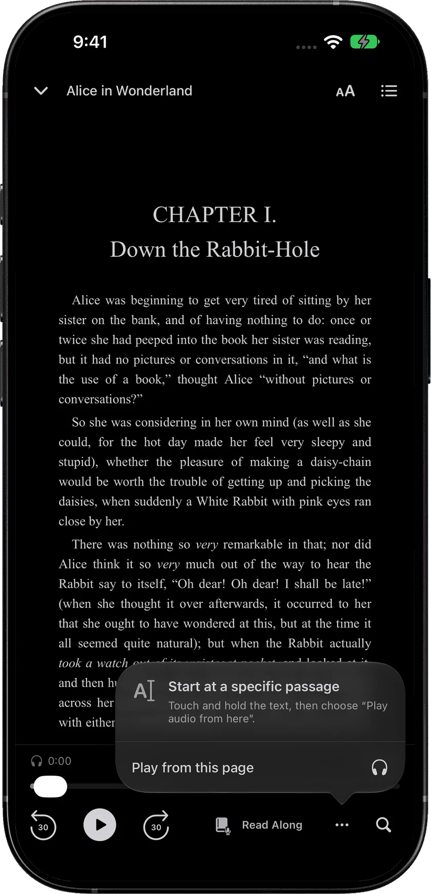 The ebook reader menu offering Play from this page in SoundLeaf 2.4