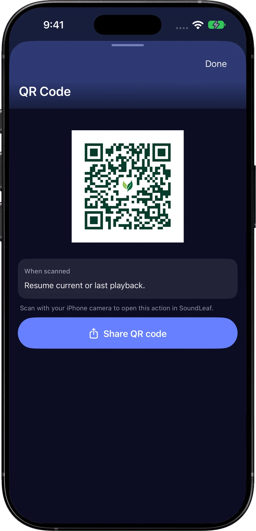 A generated SoundLeaf QR code for resuming current or last playback