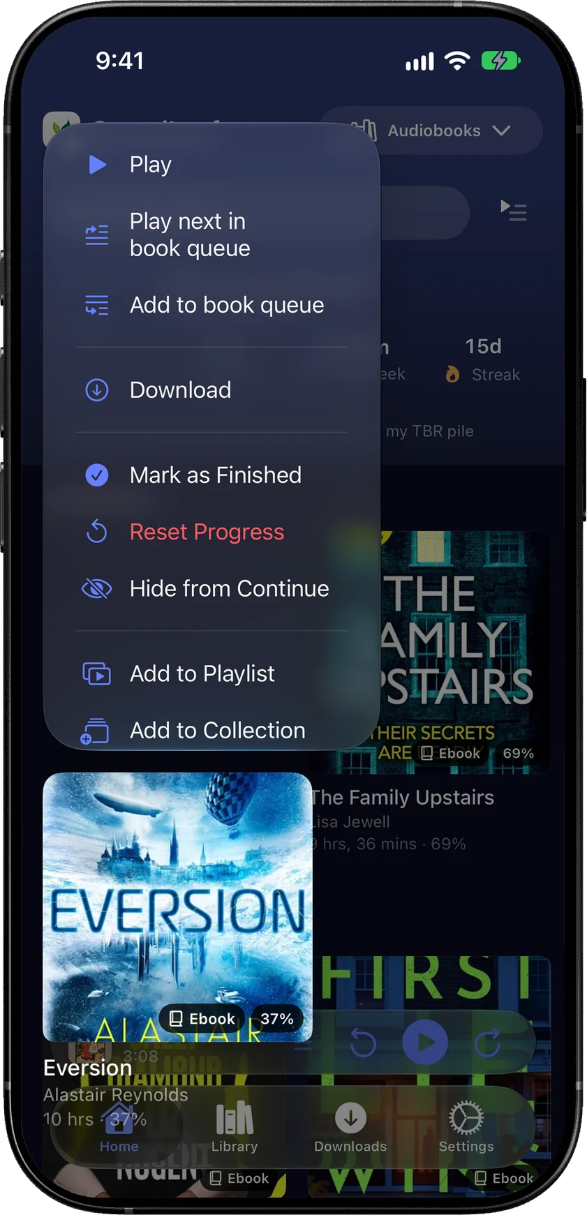 The long-press menu on a book, with Play next in book queue, Add to book queue, Download, Mark as Finished, Reset Progress, Hide from Continue and Add to Playlist