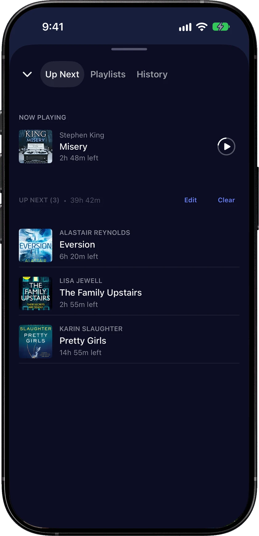 The Up Next sheet with Misery now playing and three books queued after it