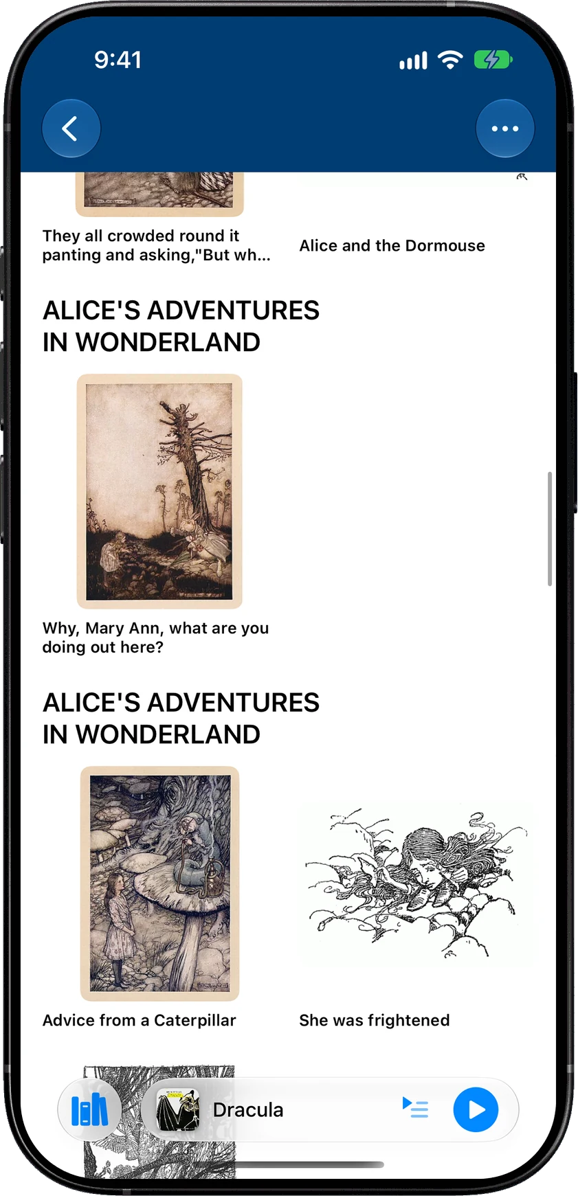 The Images tab for Alice's Adventures in Wonderland, showing Arthur Rackham illustrations with their captions
