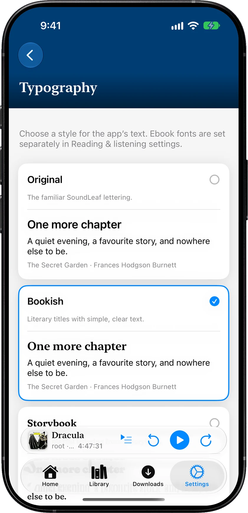 The Typography screen in SoundLeaf with Bookish selected, showing a sample title and sentence for Original and Bookish