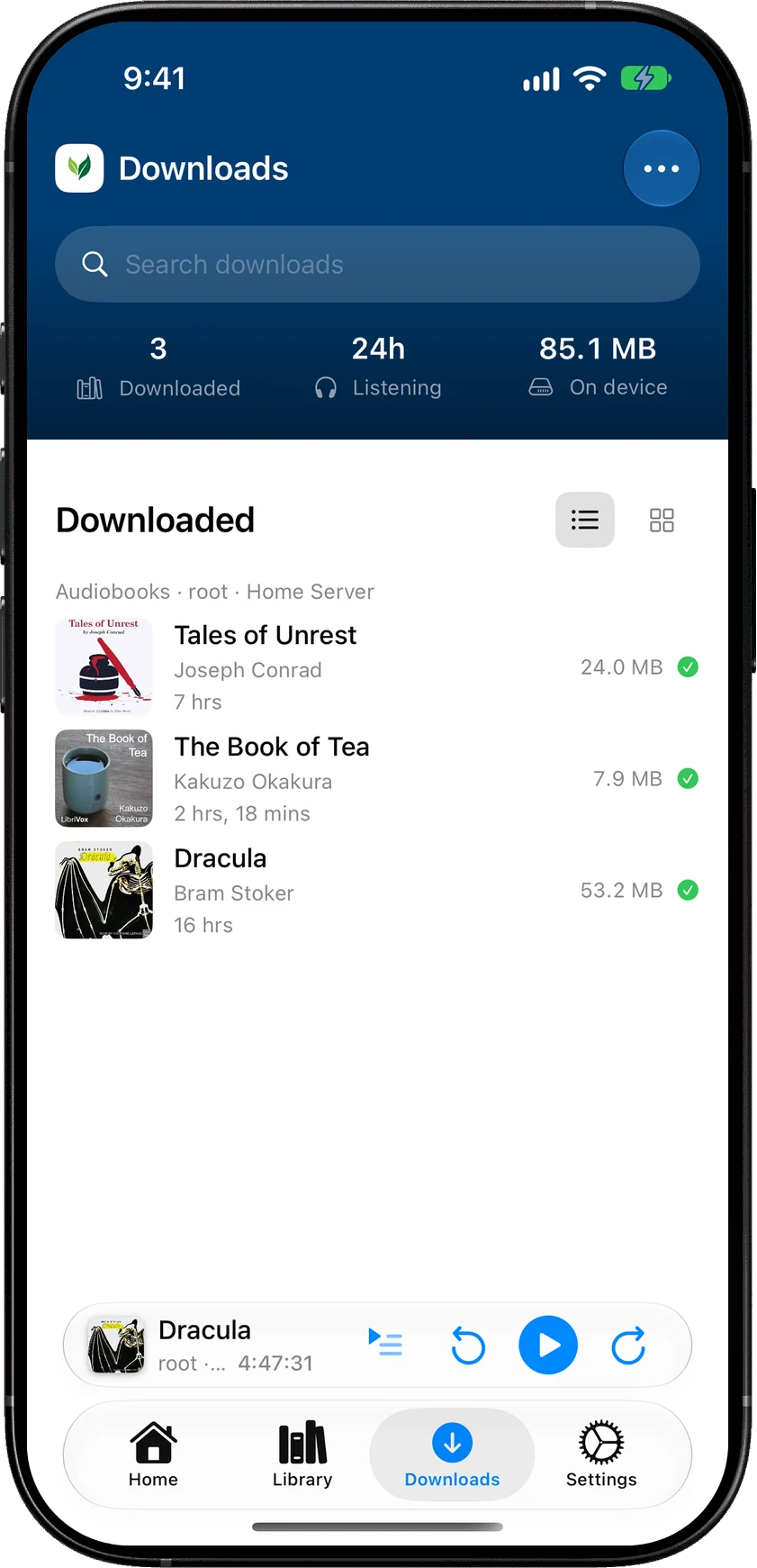 The Downloads tab with three downloaded books under a heading that names the library, account and server