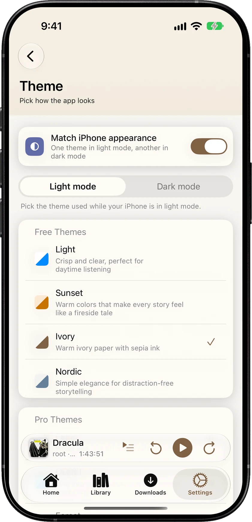 The Theme screen in Ivory, with Match iPhone appearance on and Ivory picked for light mode