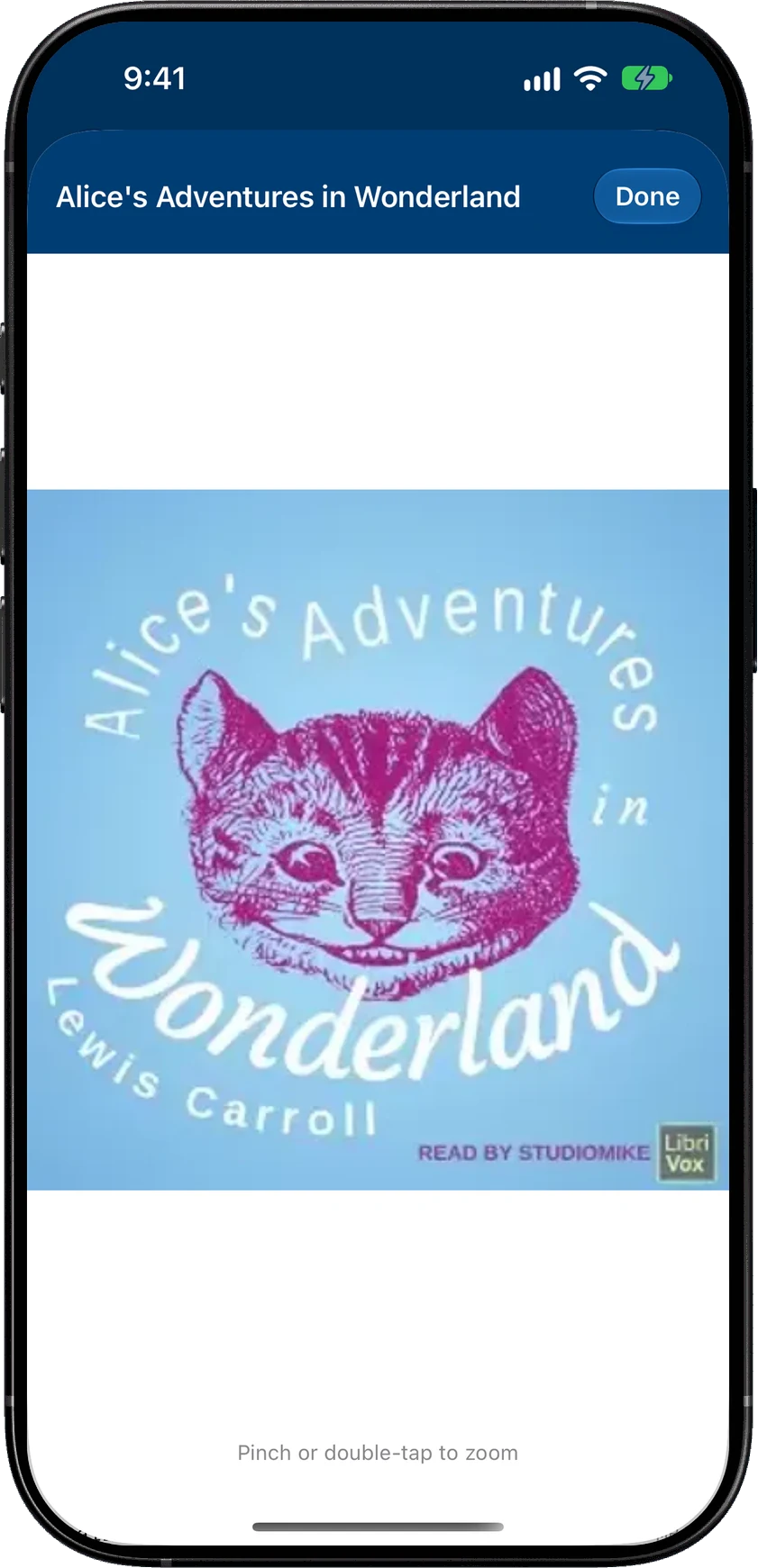 The cover of Alice's Adventures in Wonderland open full screen, with a hint to pinch or double-tap to zoom