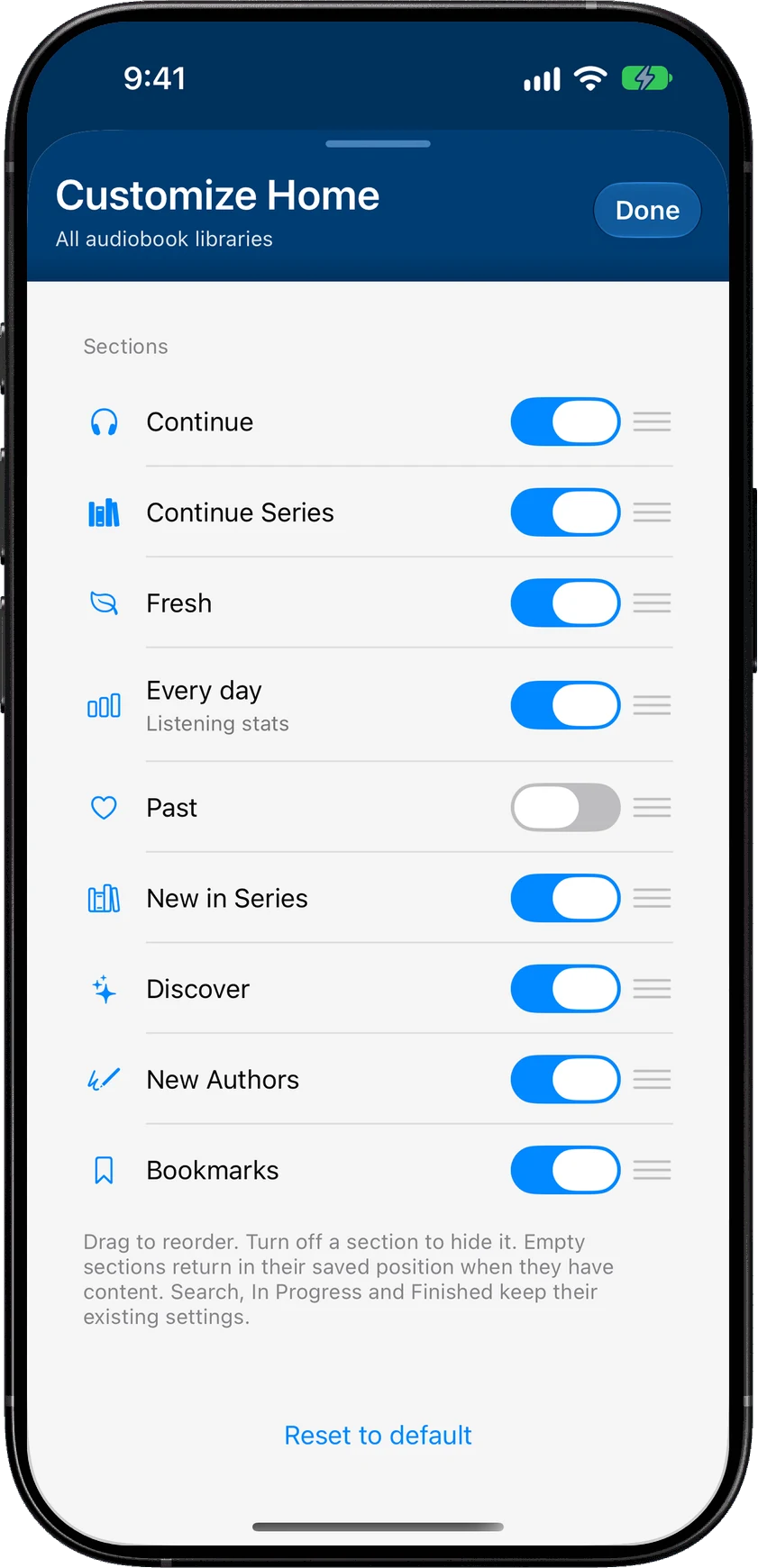 The Customize Home screen with Continue, Continue Series, Fresh, Every day, Past, New in Series, Discover, New Authors and Bookmarks, and Past switched off