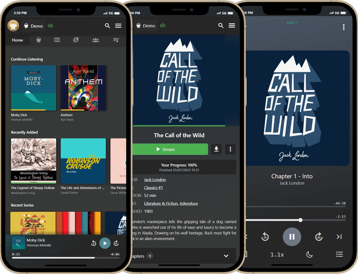 Historical official Audiobookshelf publisher montage of three iPhones showing the Demo library and The Call of the Wild book detail and player.