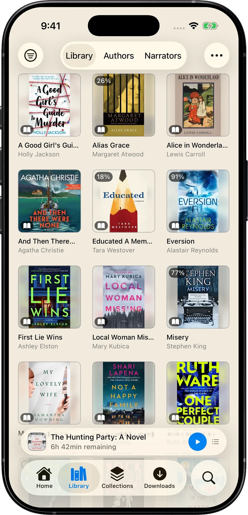 AudioBooth’s alphabetical library grid showing the shared 29-book catalog, progress badges and Library, Authors and Narrators controls.