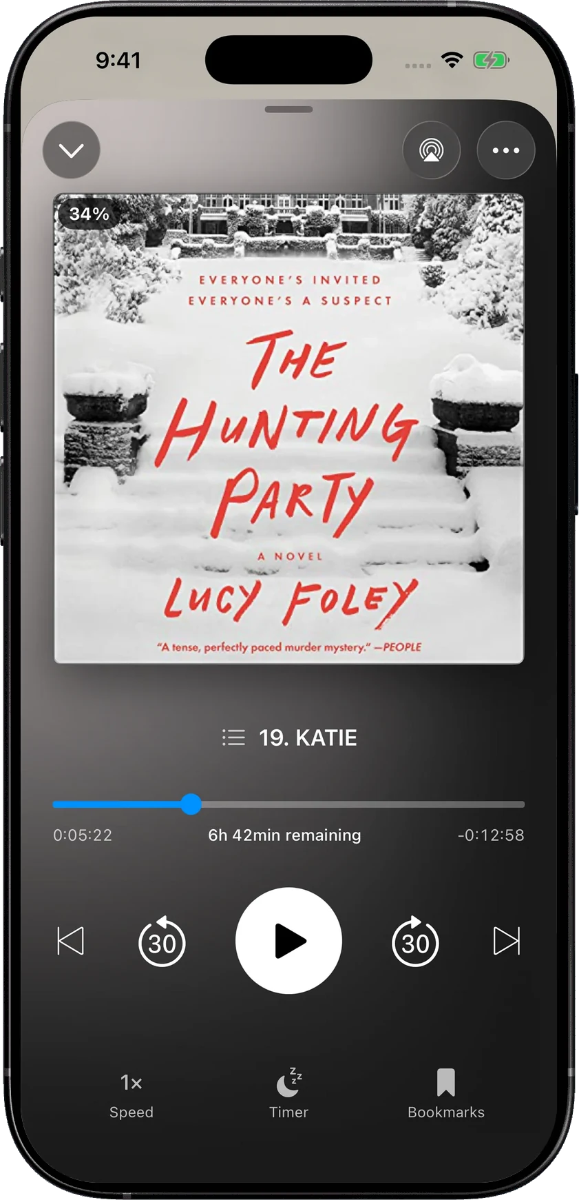 AudioBooth’s player paused on The Hunting Party at 34%, chapter 19, with skip, speed, timer and bookmark controls.