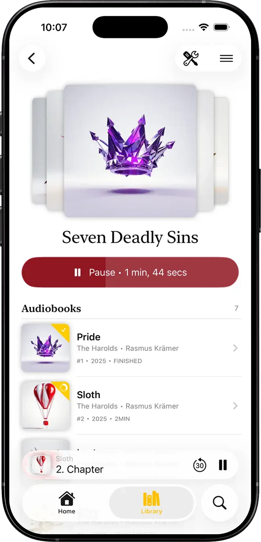 ShelfPlayer series screen showing the Seven Deadly Sins example collection and ordered audiobook rows.