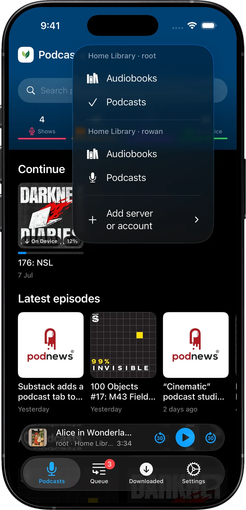 SoundLeaf’s account menu showing separate Audiobooks and Podcasts libraries for root and Rowan on Home Library.