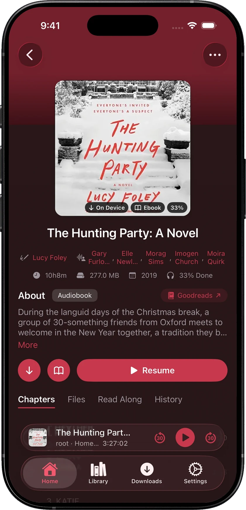 The Hunting Party book detail in SoundLeaf’s Burgundy theme showing cover, author and narrators, summary, resume and download controls, and Chapters, Files, Read Along and History tabs.