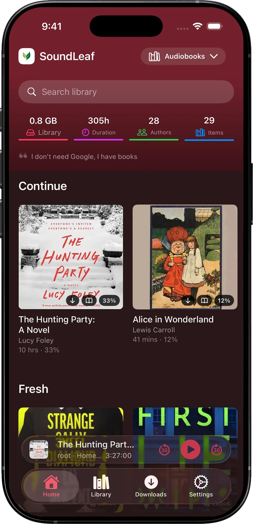 SoundLeaf’s Burgundy theme around a populated audiobook home, with Alice in Wonderland and The Hunting Party in Continue.