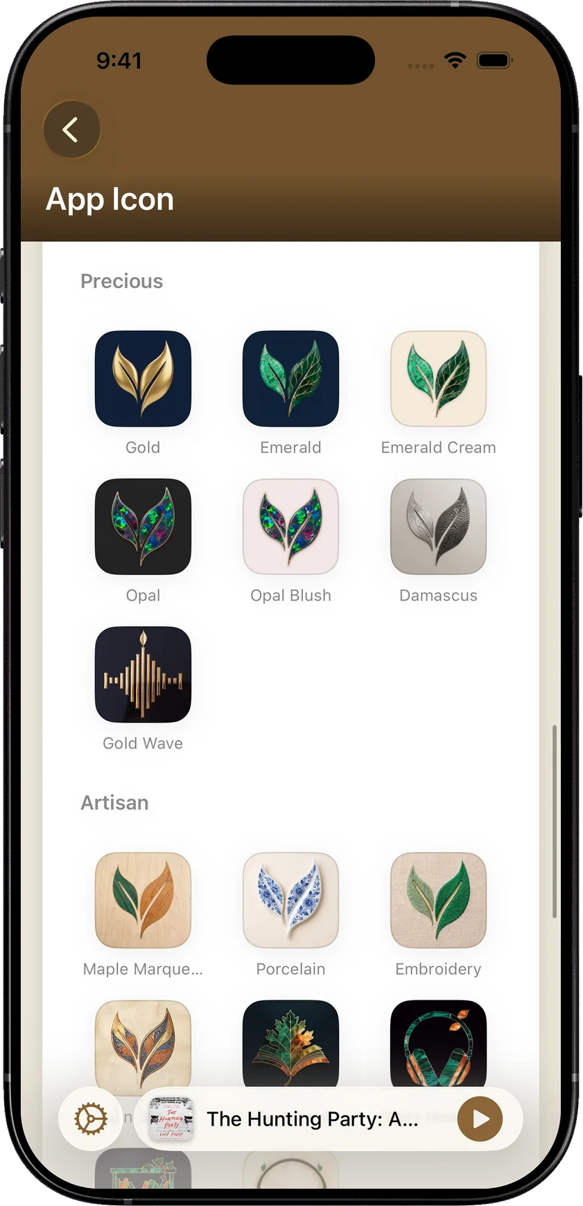 SoundLeaf’s Supporter Precious and Artisan icon collections, including gold, emerald, opal, Damascus, porcelain and embroidery.