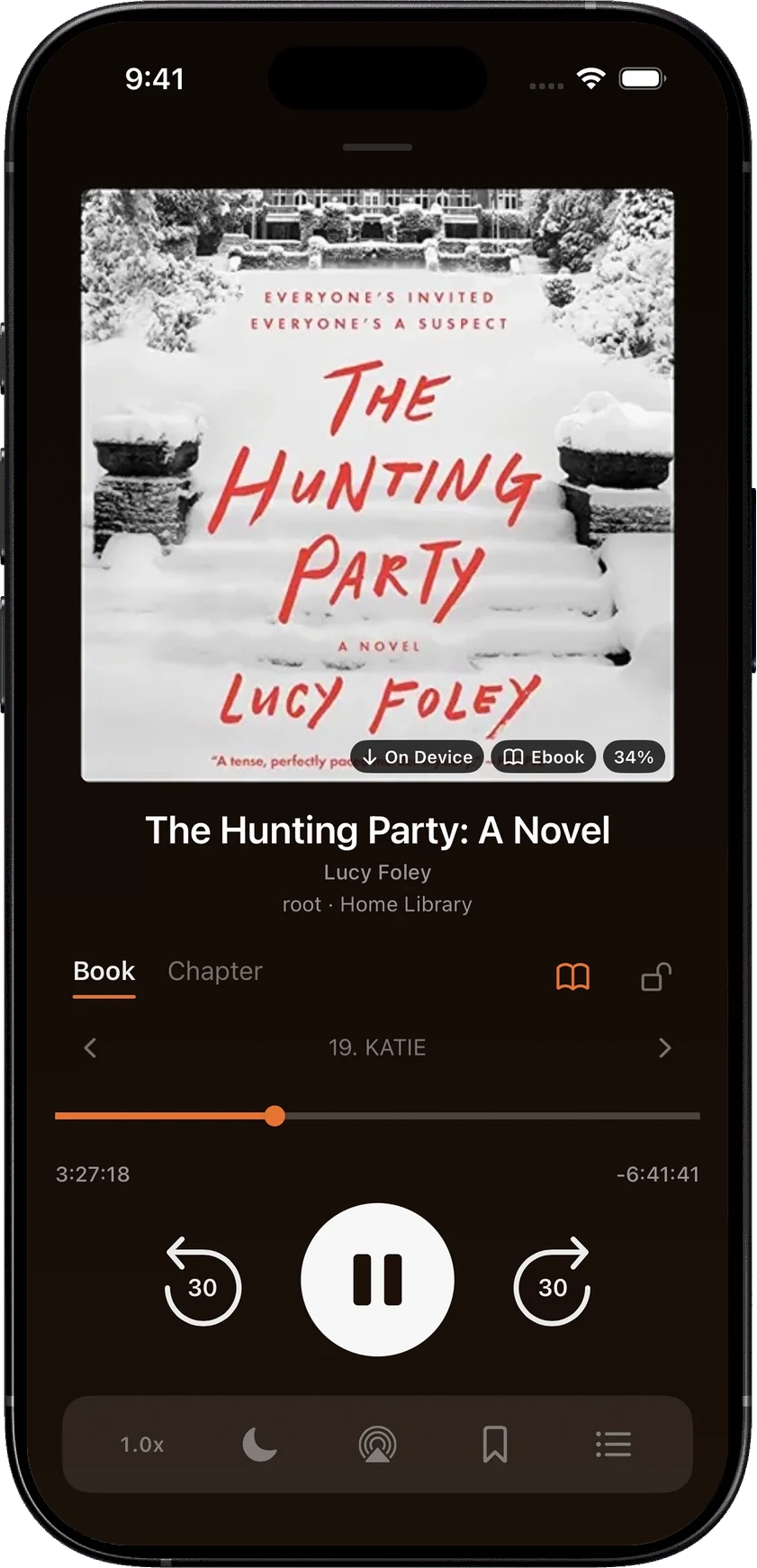 SoundLeaf playing The Hunting Party in Ember, with chapter and book progress, reader access, speed, sleep and bookmarks.