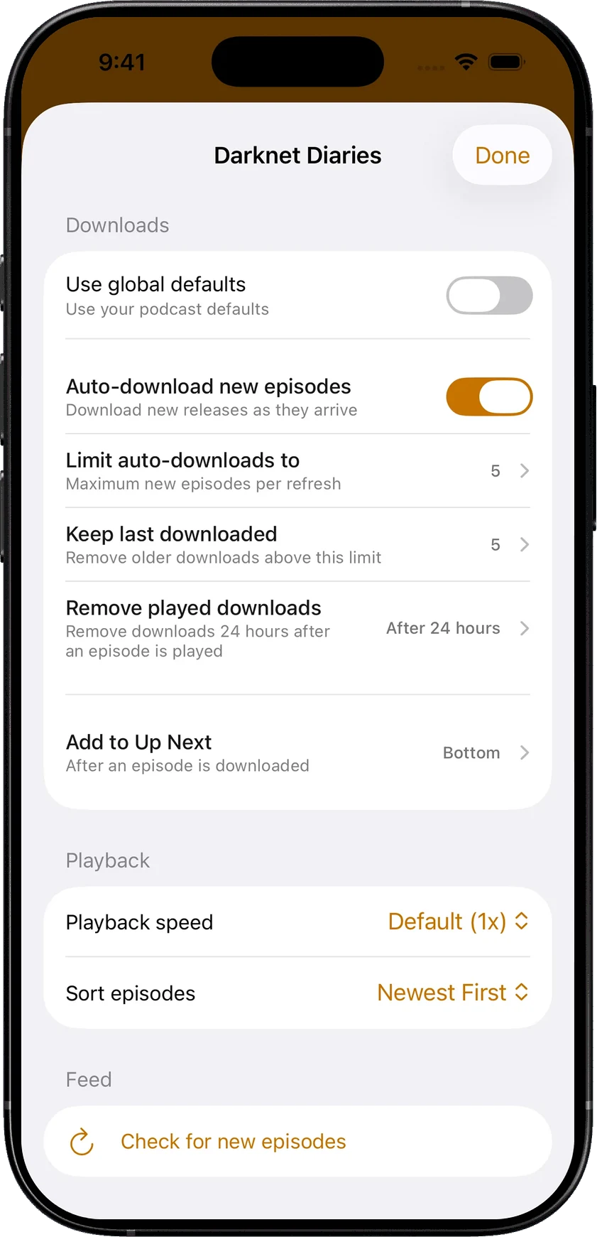 Darknet Diaries settings with automatic downloads on, limits of five episodes, removal after 24 hours and Add to Up Next set to Bottom.