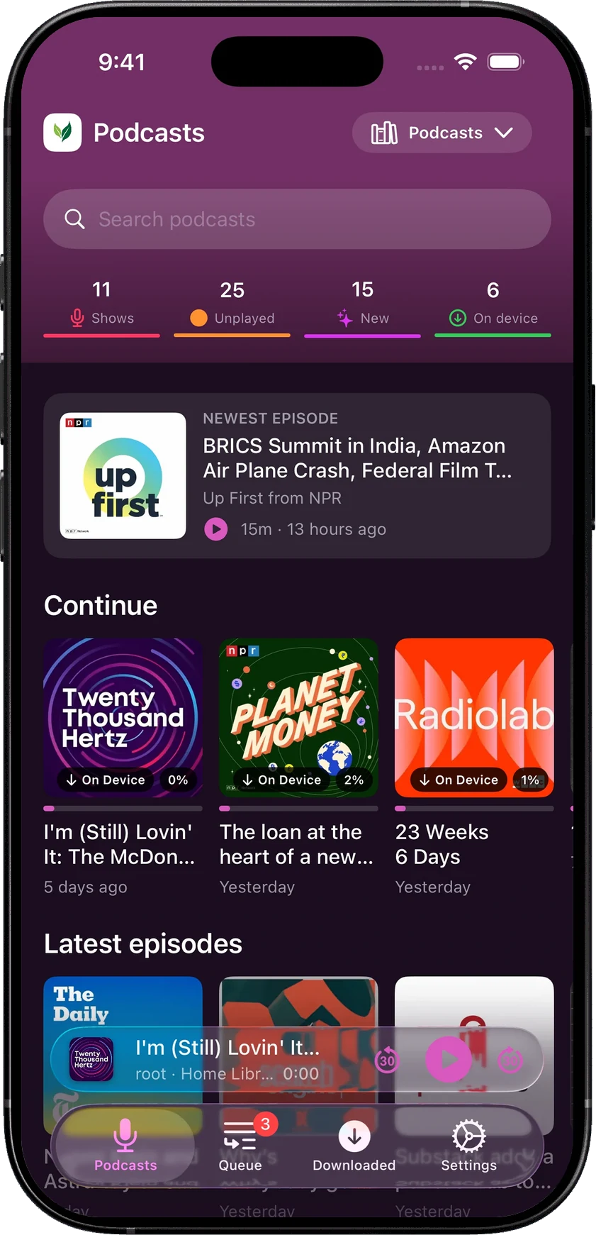 SoundLeaf’s Orchid podcast home with eleven real subscriptions and downloaded episodes from different shows.