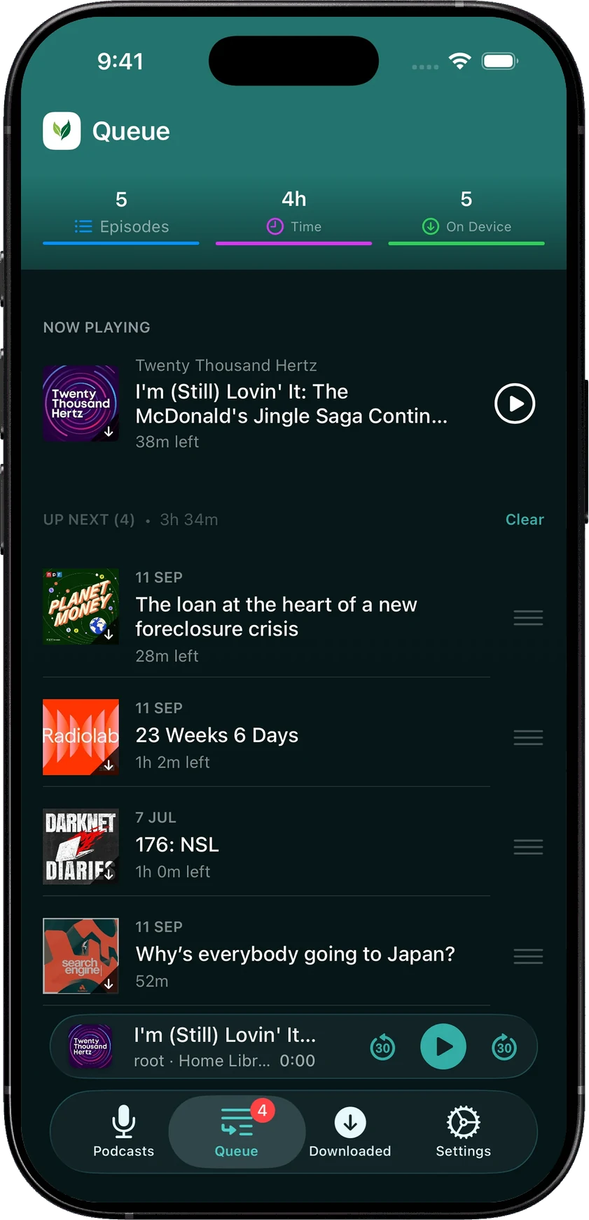 SoundLeaf’s Lagoon queue with five downloaded episodes from Twenty Thousand Hertz, Planet Money, Radiolab, Darknet Diaries and Search Engine.
