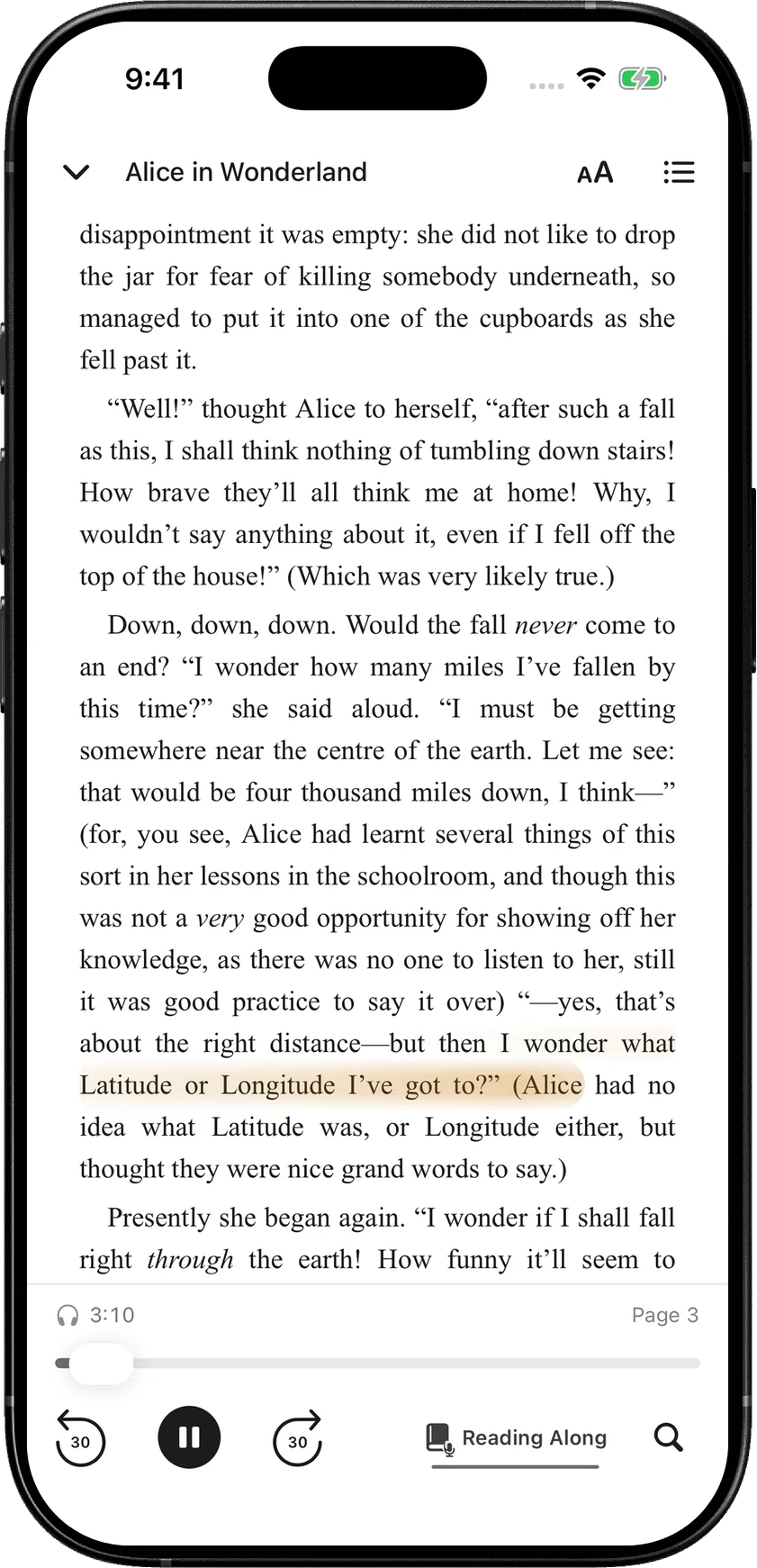 SoundLeaf reading Alice in Wonderland with the currently narrated line highlighted and the Reading Along control active.