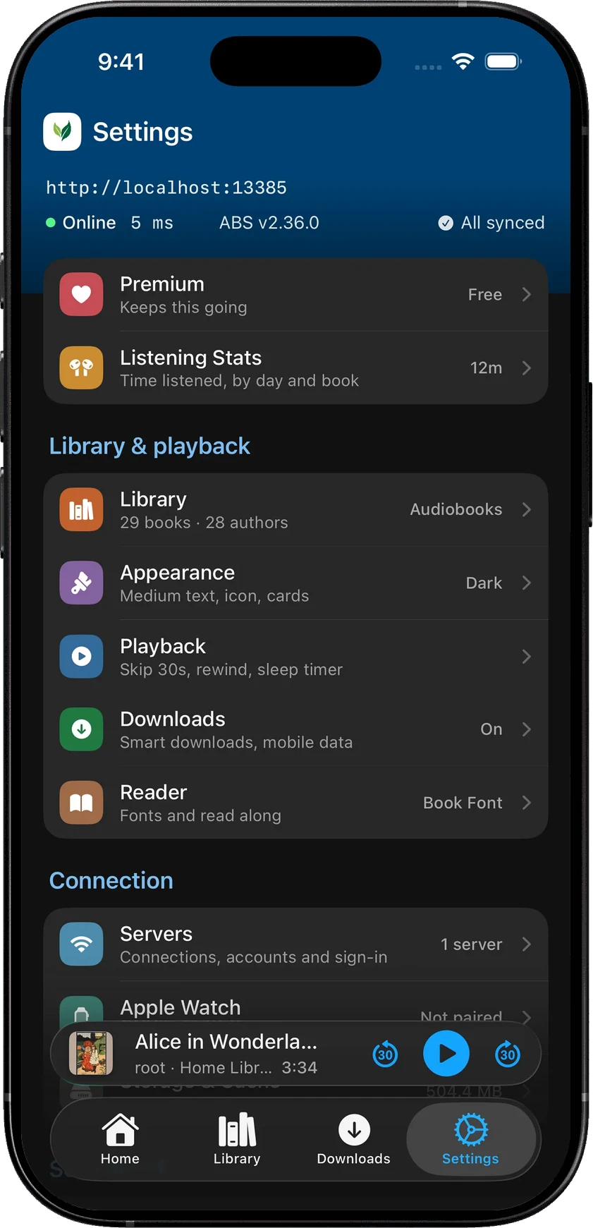 SoundLeaf Settings showing a local Audiobookshelf server Online with a 5 ms ping, server version 2.36.0, All synced and the Free tier.