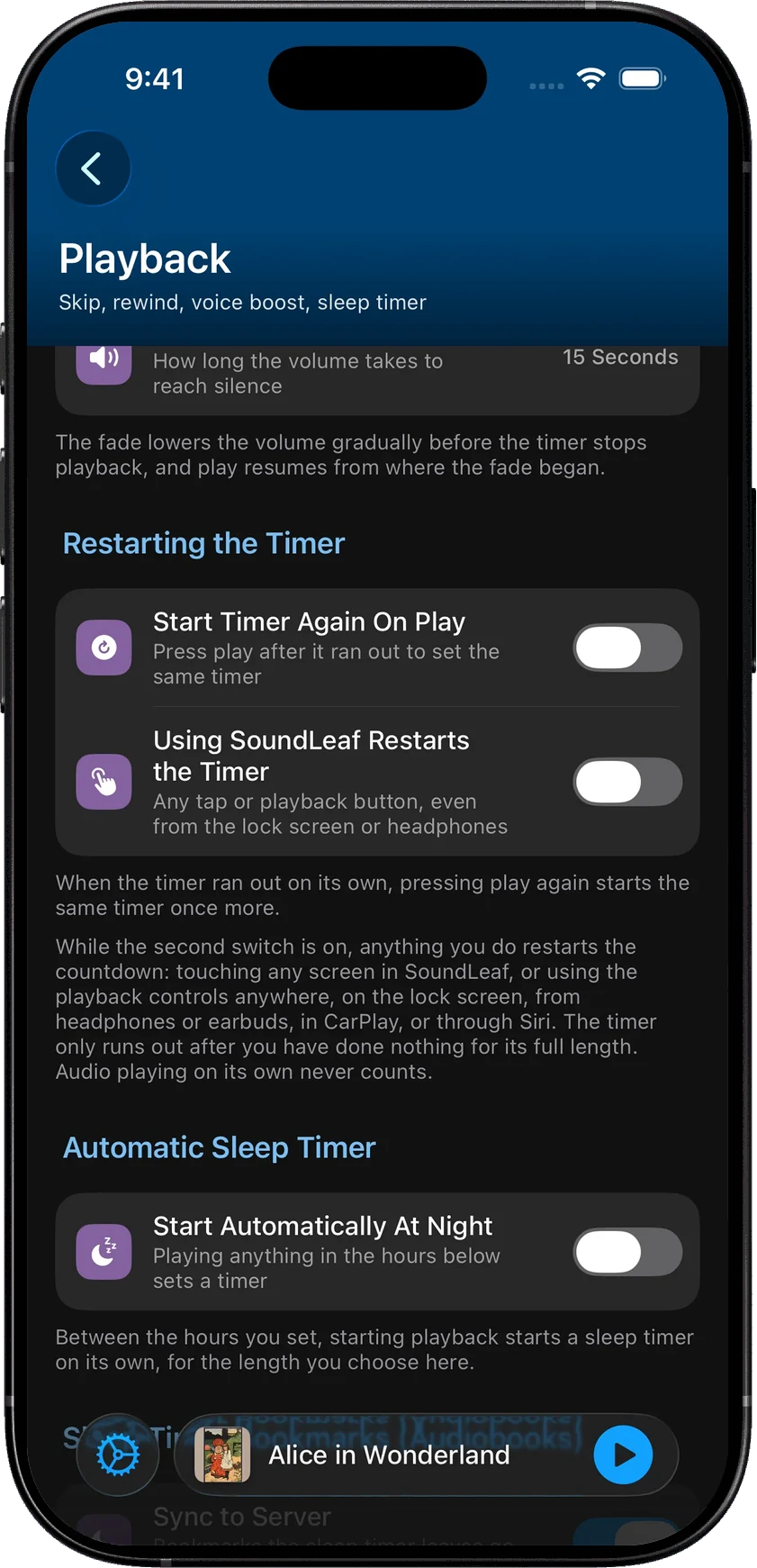 SoundLeaf sleep settings with restart-on-play, restart-on-activity and automatic night timer switches, all currently off.