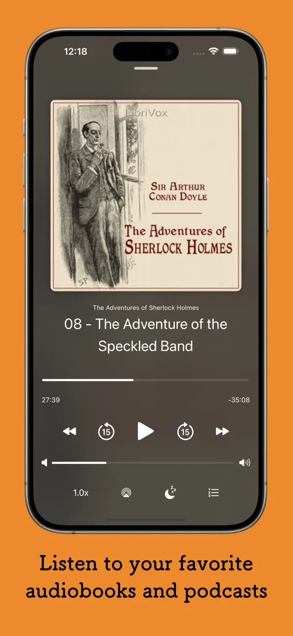 Official plappa promotional image showing The Adventures of Sherlock Holmes player with chapter, speed and sleep controls.