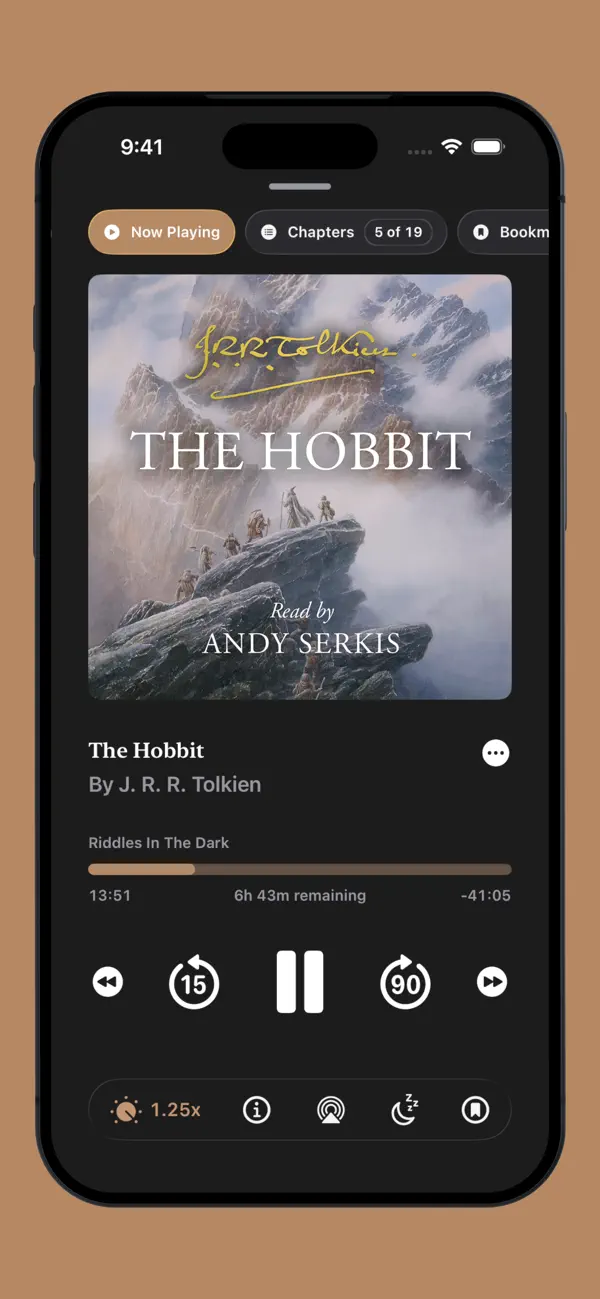 Official Prologue promotional image showing The Hobbit player with chapter, bookmark, voice boost and speed controls.