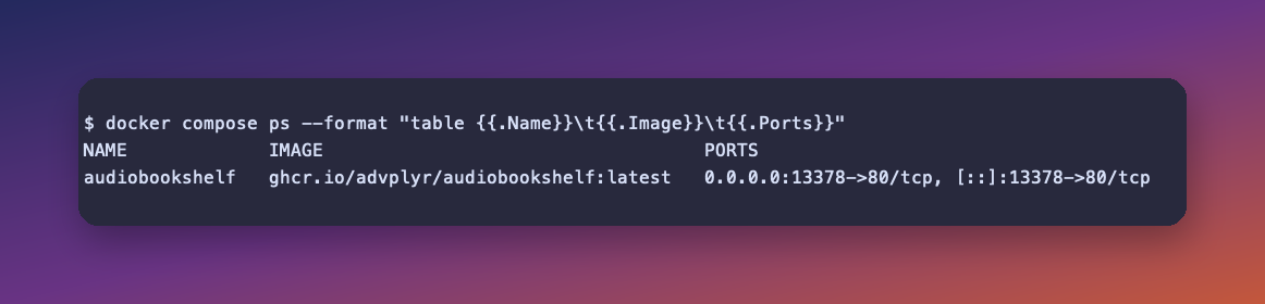 Terminal output of docker compose ps showing a container named audiobookshelf with ports 0.0.0.0:13378->80/tcp