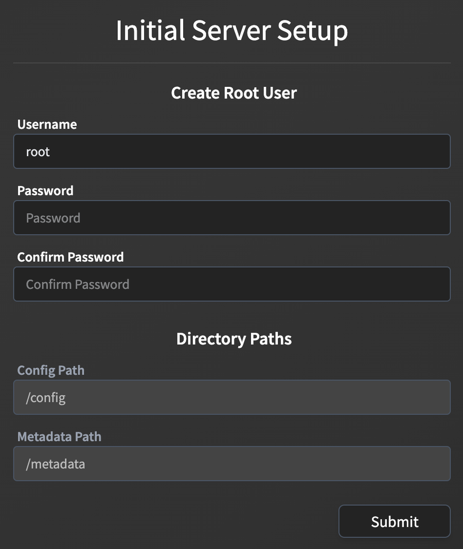 Audiobookshelf Initial Server Setup page with the Create Root User form: Username filled in with root, and empty Password and Confirm Password boxes