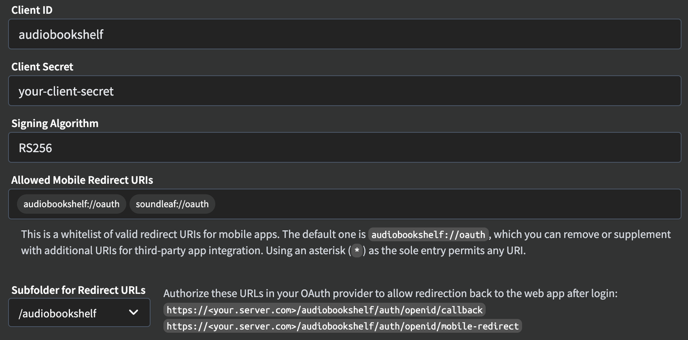 Audiobookshelf OpenID Connect settings with example values: Client ID and Client Secret filled in, and Allowed Mobile Redirect URIs holding audiobookshelf://oauth and soundleaf://oauth