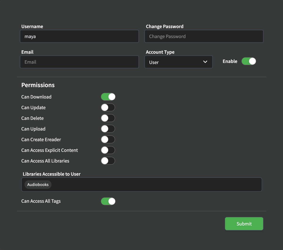 Audiobookshelf Update Account window for a user named maya: Account Type User, Can Download on, Can Access All Libraries off with only the Audiobooks library allowed, and Can Access All Tags on
