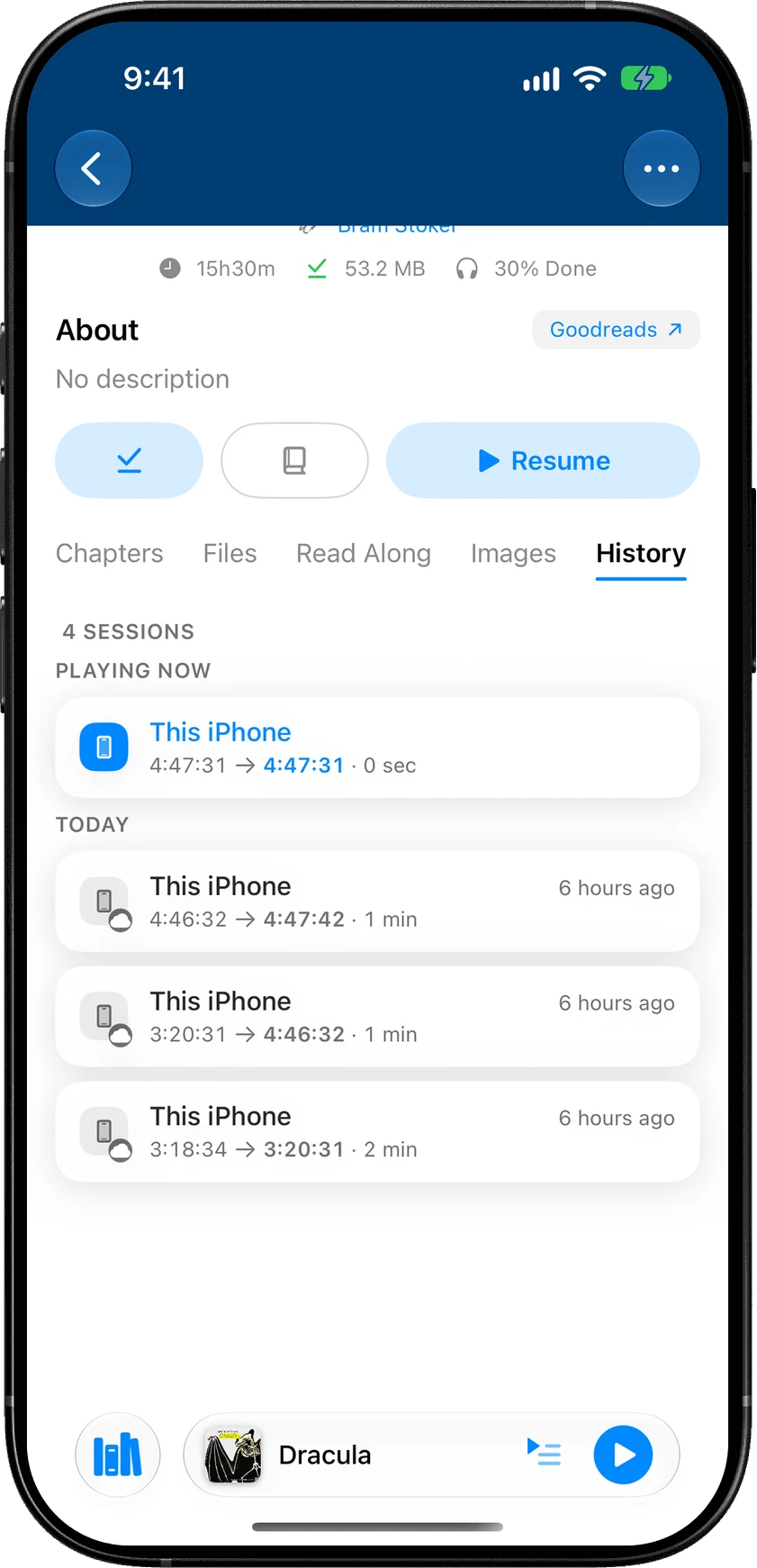 History tab on a book's screen in SoundLeaf, listing listening sessions from This iPhone with the start and end time of each, like 4:46:32 to 4:47:42, and how long ago they were