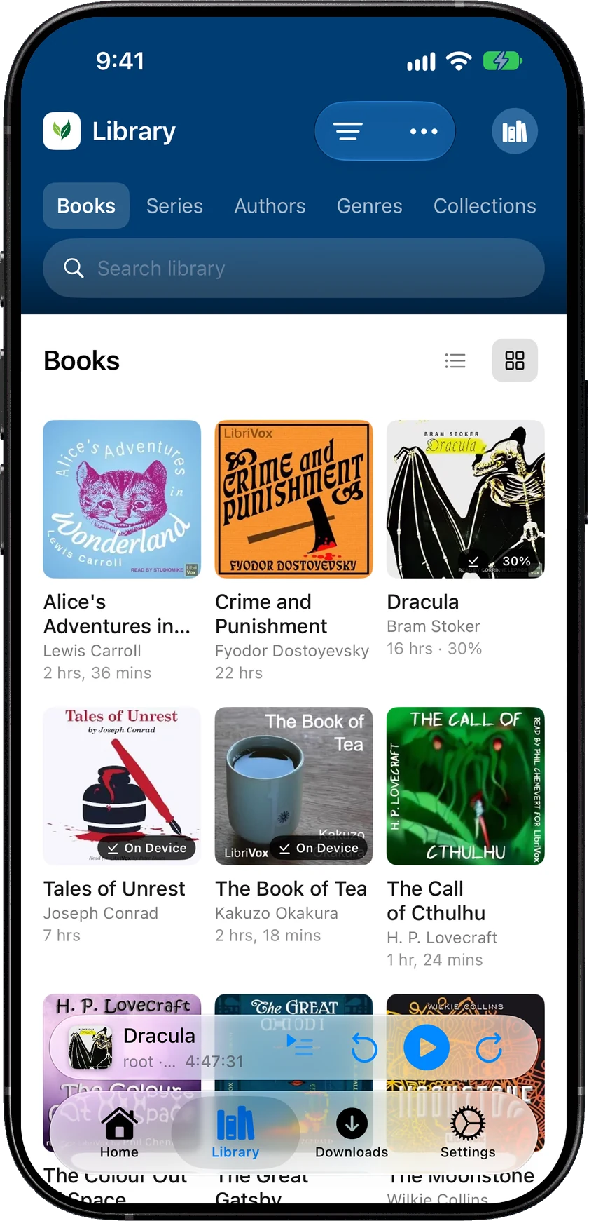 SoundLeaf Library tab on iPhone showing the Books section as a grid of audiobook covers with titles, authors and lengths