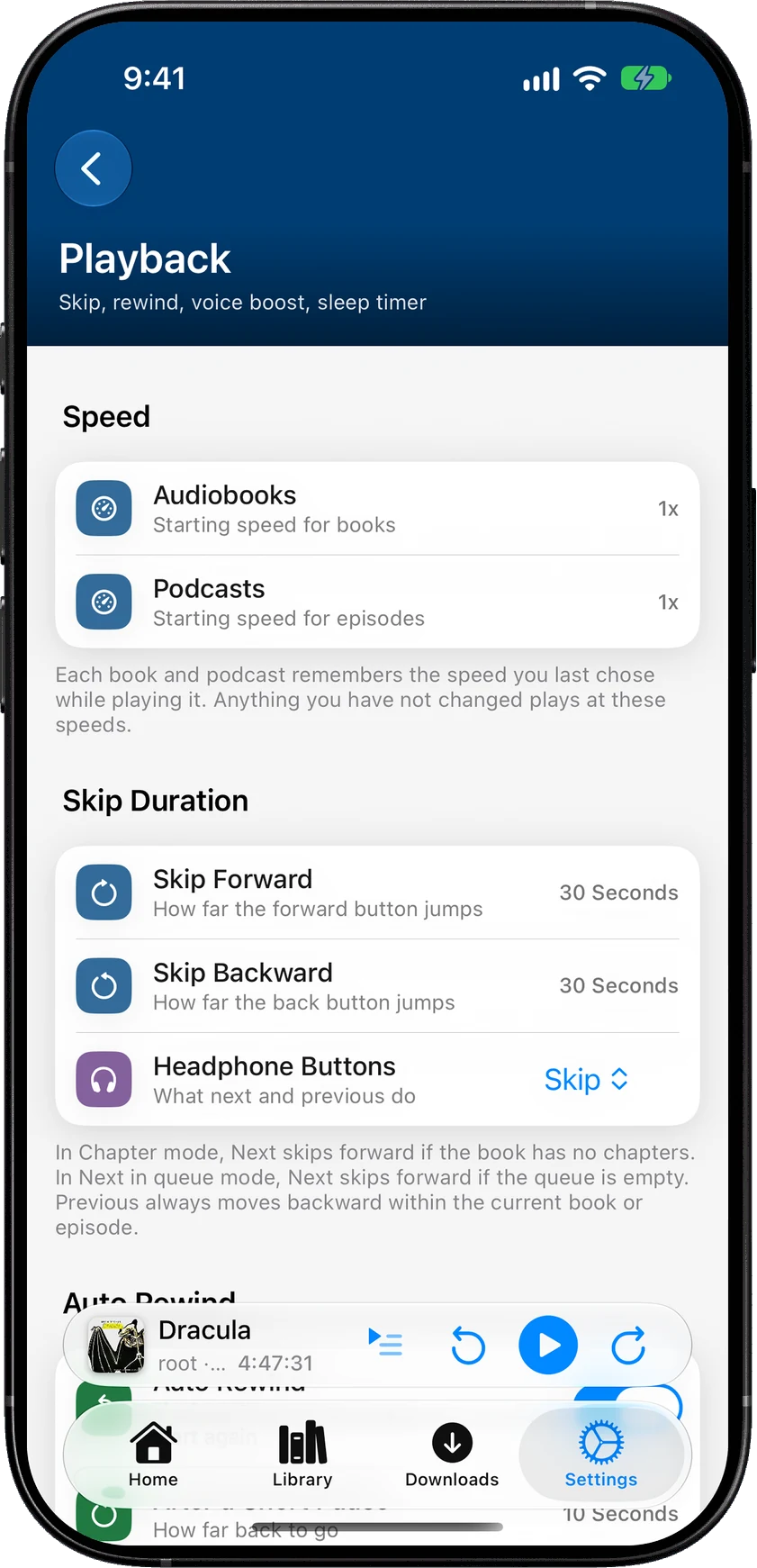SoundLeaf Settings > Playback screen showing starting speeds for Audiobooks and Podcasts at 1x, Skip Forward and Skip Backward at 30 seconds, and Headphone Buttons set to Skip