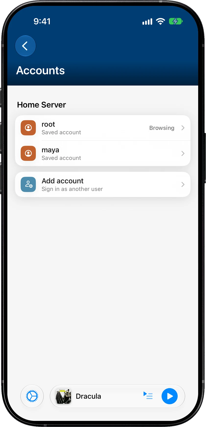 SoundLeaf Accounts screen under Settings > Servers, listing two users, root and maya, on one server, with an Add account button