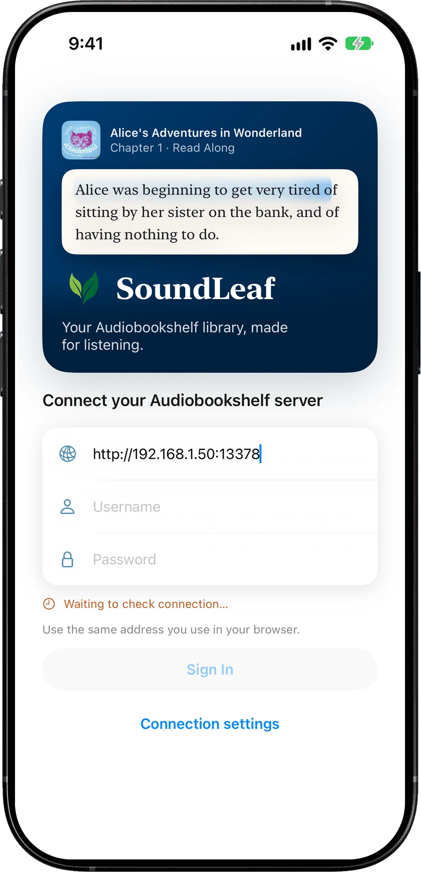SoundLeaf sign-in screen with http://192.168.1.50:13378 typed in the server address field, above empty username and password fields