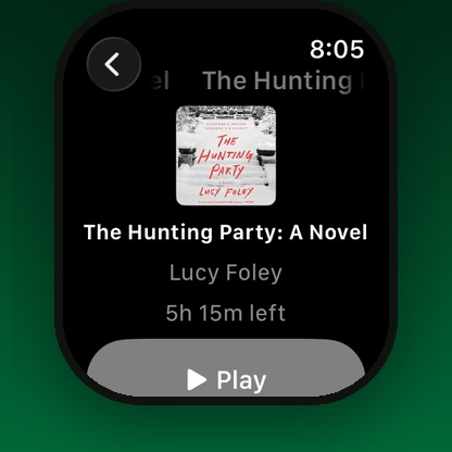 A book on the SoundLeaf watch app showing cover art, time remaining and a Play button