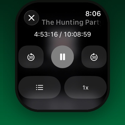 The SoundLeaf watch player with skip buttons, pause, a chapter list button and a speed button