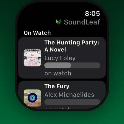 The On Watch shelf in the SoundLeaf watch app listing two downloaded books