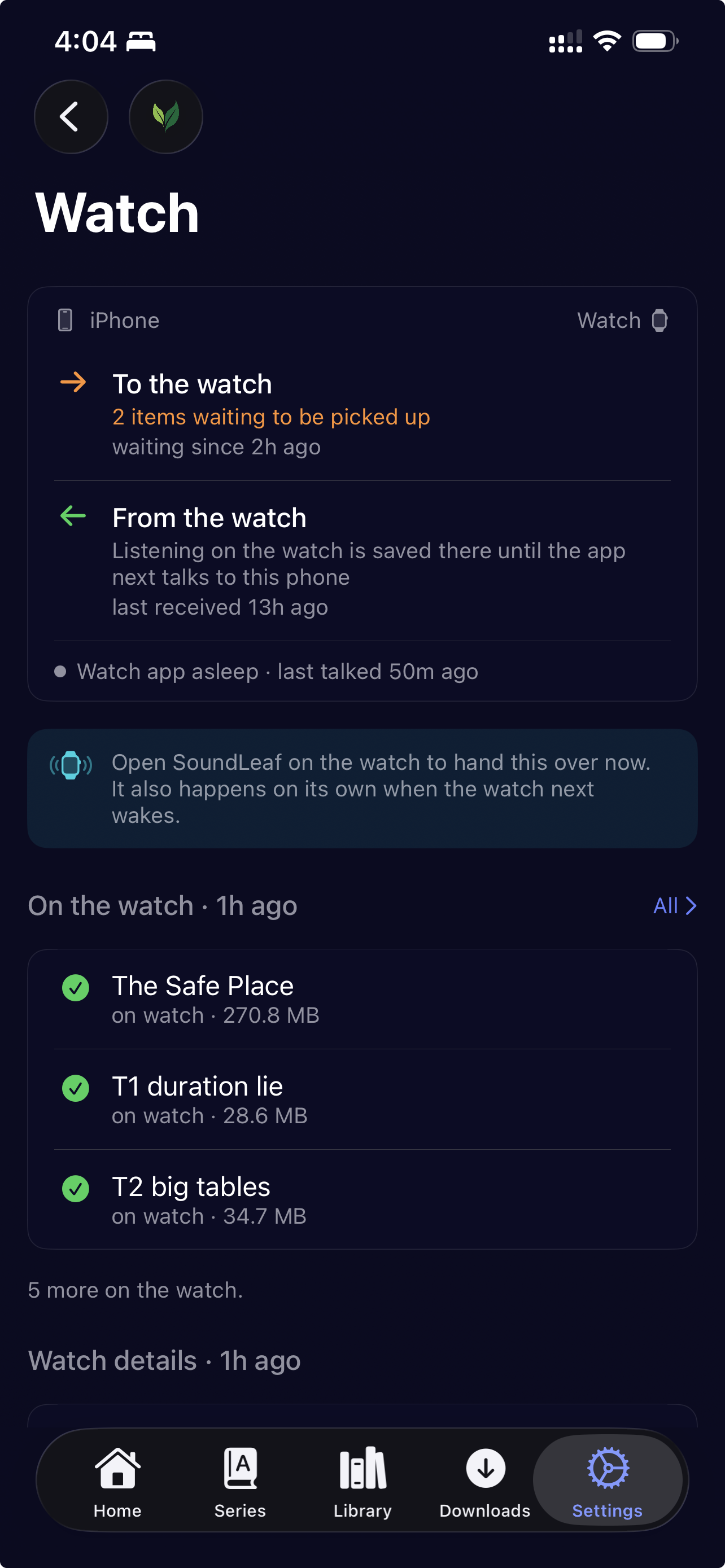 The Watch screen in SoundLeaf settings, showing two items waiting to go to the watch since 2h ago, a grey dot reading watch app asleep, and a list of books on the watch with their sizes