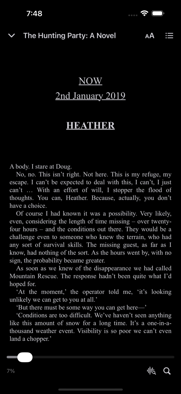 The SoundLeaf ebook reader showing a chapter of The Hunting Party on a dark page, with a progress bar and search button at the bottom