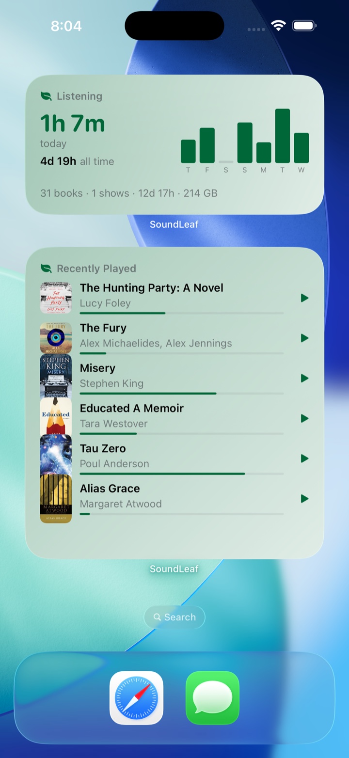 An iPhone home screen with the SoundLeaf Listening widget showing today's time and a weekly bar chart, above the Recently Played widget listing six books